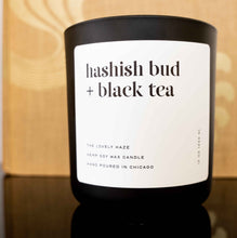 Load image into Gallery viewer, Enjoy Lovely Haze hemp soy wax, sustainable and clean burning candles, renewably sourced and biodegradable. With intoxicating fragrances charged by an herbal medley of black tea and cannabis, rounded out with a complex base of green patchouli and warm amber. Size: 12oz Top: Lavender, Eucalyptus, Basil, Bergamot Middle: Rosemary, Cannabis, Black Tea Base: Patchouli, Amber, Vanilla, Musk.